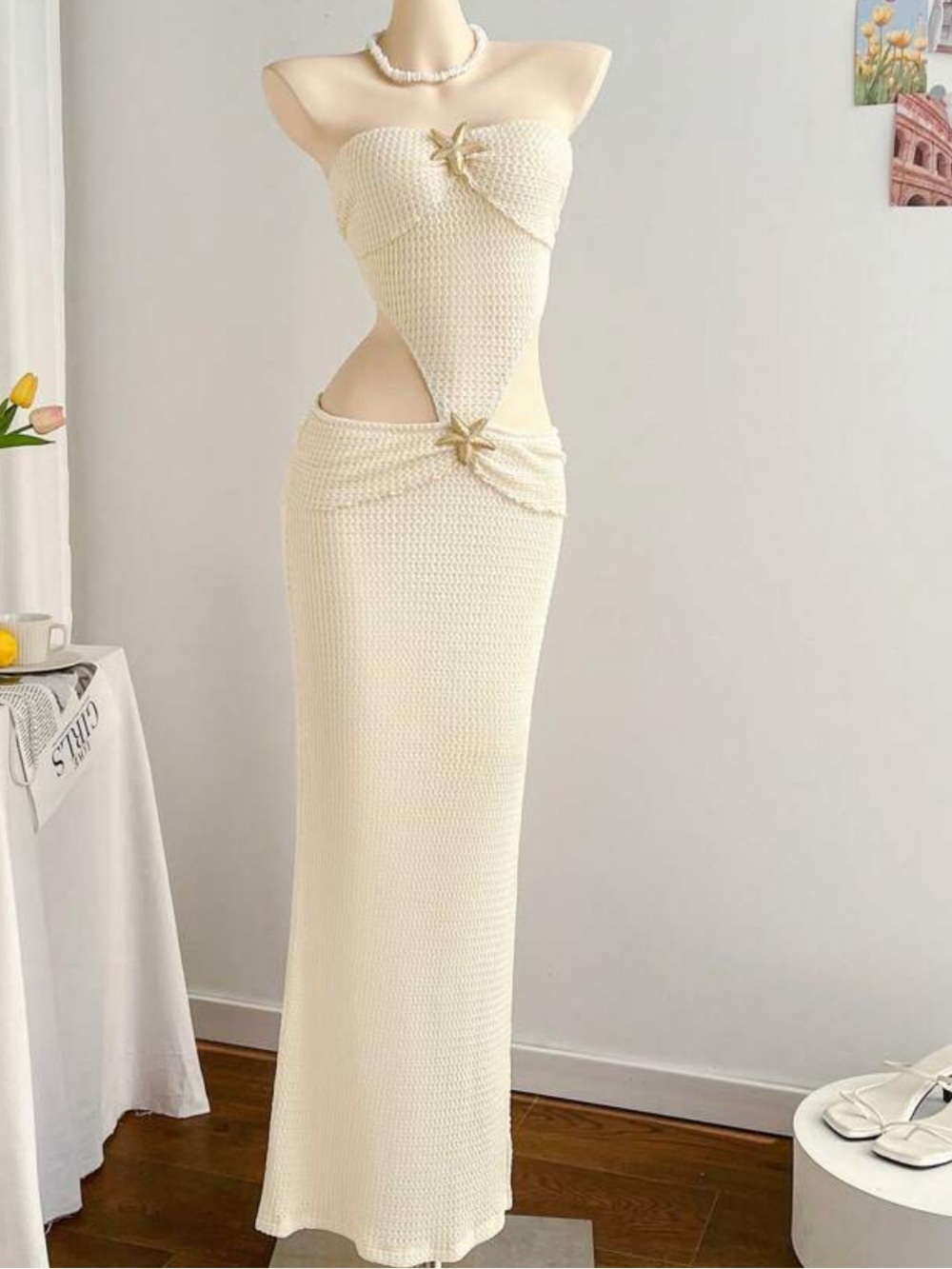 Strapless Cutout Maxi Dress in Cream with Star Accents